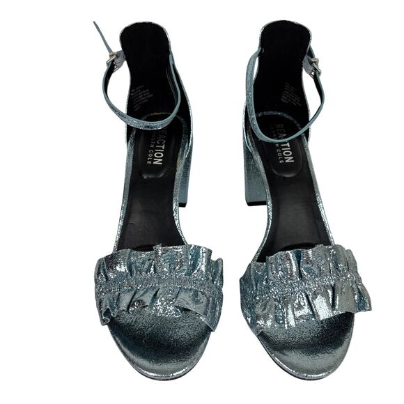 Kenneth Cole Reaction Rise Ruffle Blue Metallic Heel Sandals 8.5 M Evening Event - Picture 2 of 10